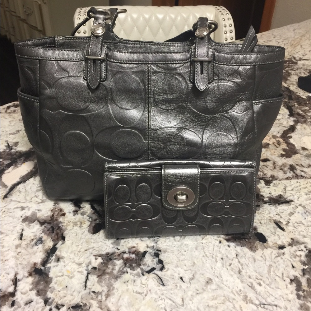 Coach Metallic Gunmetal Leather Signature Tote and Wallet Set